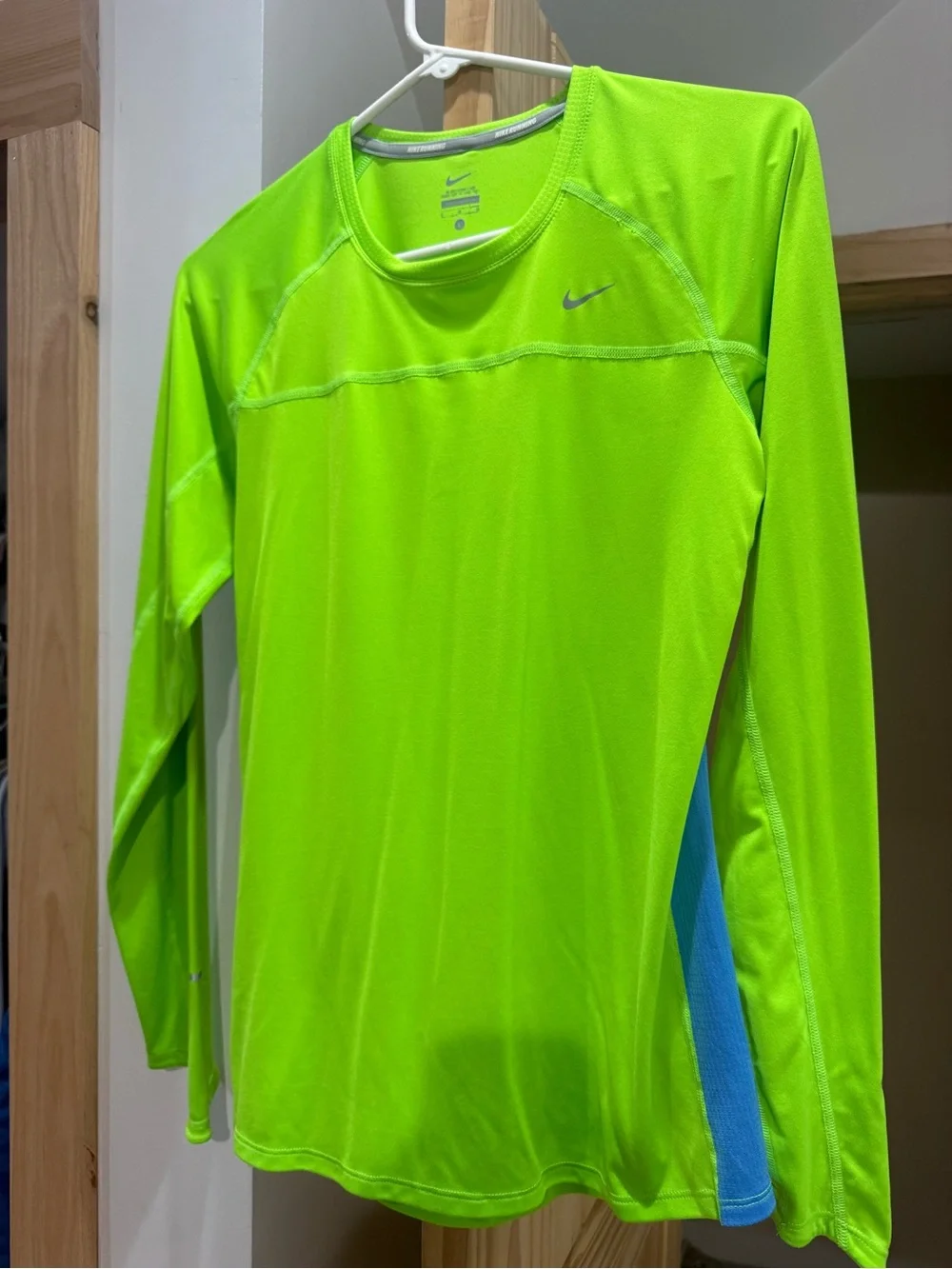 Nike Neon Yellow-Green Long Sleeve Performance Top with Blue Side Panel